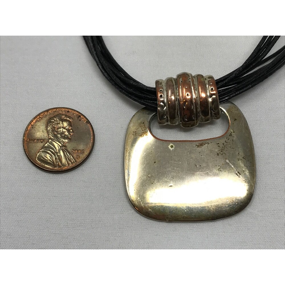 CHICO'S Pendant Necklace Silver Tone Metal Rounded Square Black Multi Strand